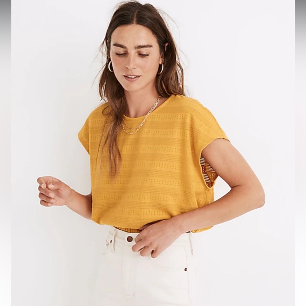 NWT Madewell Mustard Yellow Pointelle Knit Short Sleeve Eyelet Crop Top Size XS